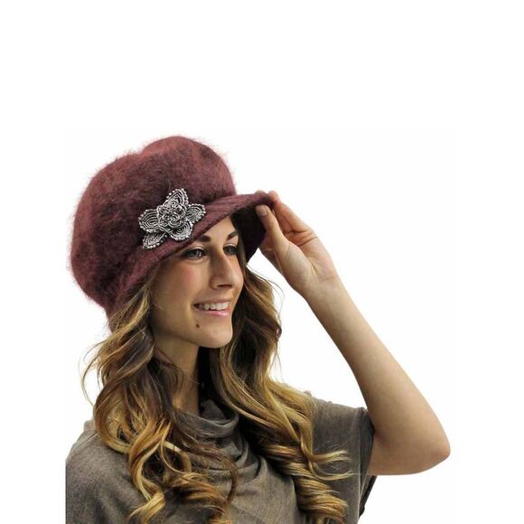 Angora Knit Newsboy Hat With Beaded Flower - Picture 8 of 8